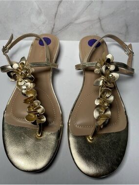 Anne Klein Gold T-Strap Sandals with Floral and Beaded Detail
